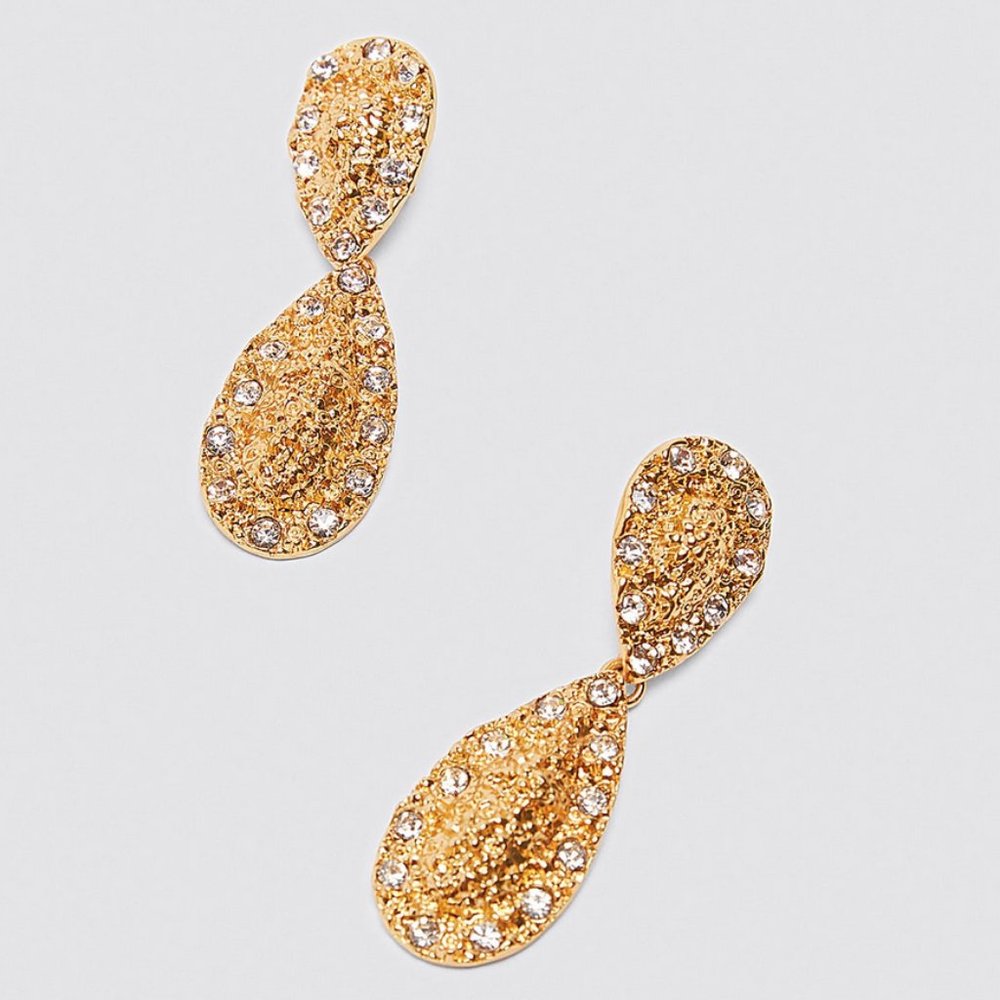 ***SALE** NWT ZARA SPARKLY TEXTURED EARRING Gold Rhinestone Party